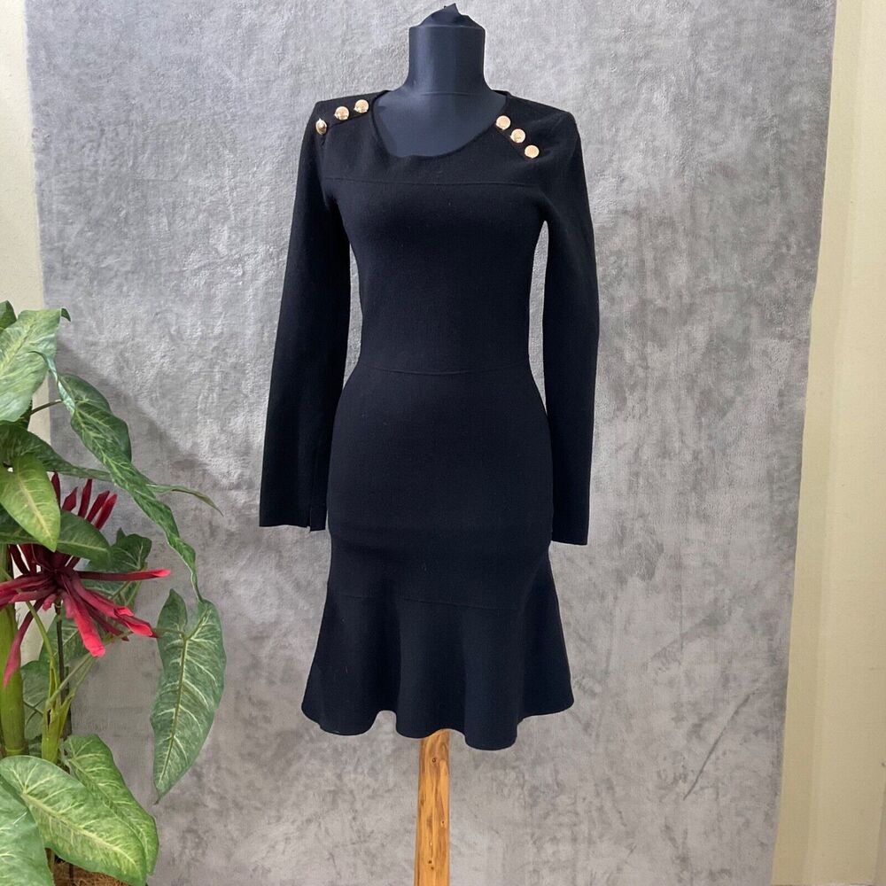 Zara Knit midi Dress Fit & Flair ruffle hem women’s size M Black gold buttons